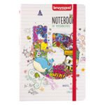 Voorkant van kleurrijk Bruynzeel notitieboek met illustraties en rode elastiek Bruynzeel Notitieboek A5