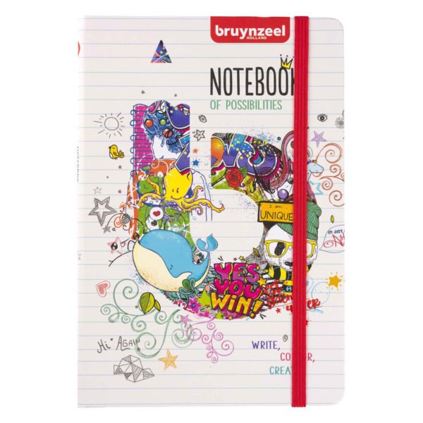 Voorkant van kleurrijk Bruynzeel notitieboek met illustraties en rode elastiek Bruynzeel Notitieboek A5