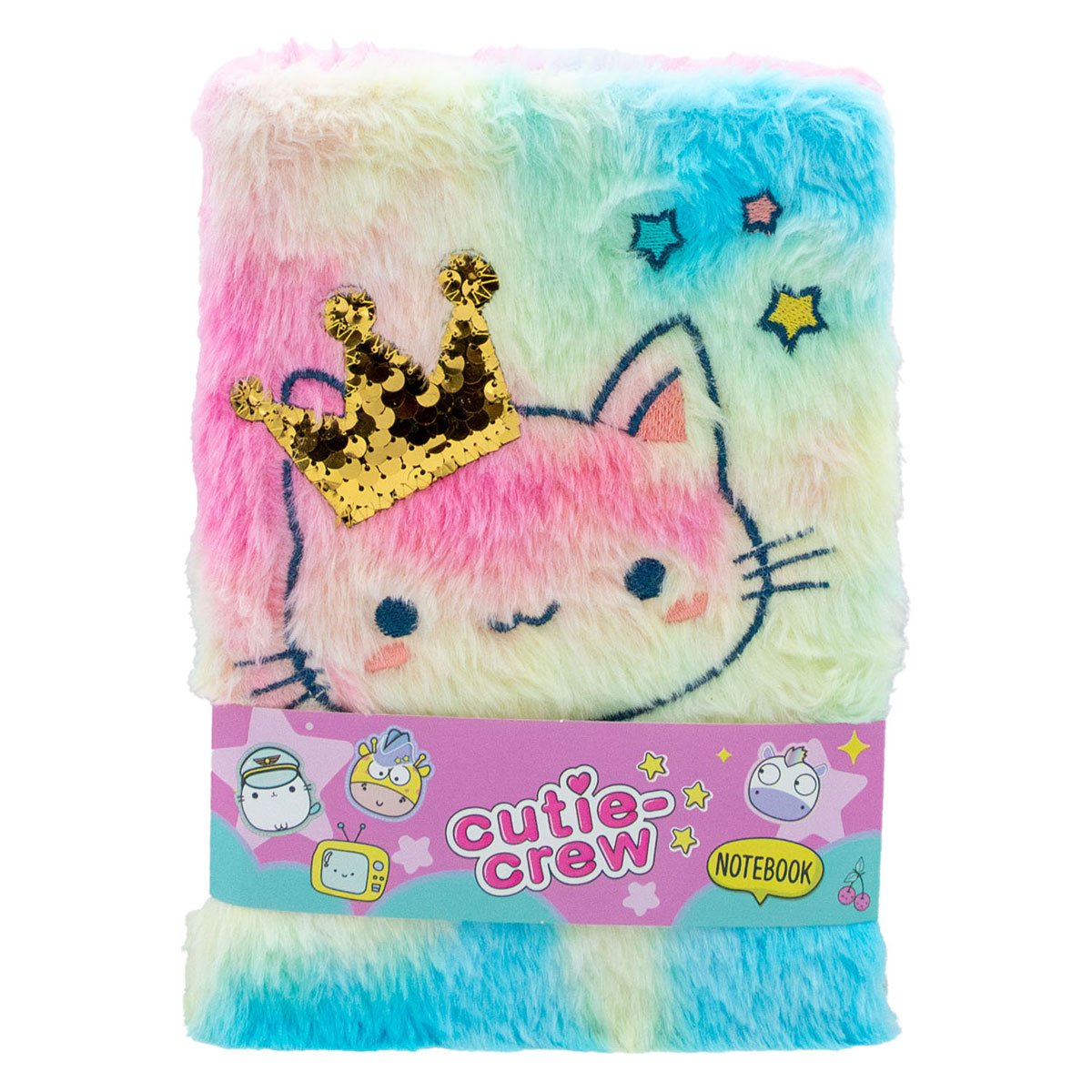 canenco-cutie-crew-notitieboek-kat-gouden-kroon-regenboog Regenboogkleurig Cutie Crew notitieboek met kat en gouden paillettenkroon Cutie Crew Pluche Notitieboek