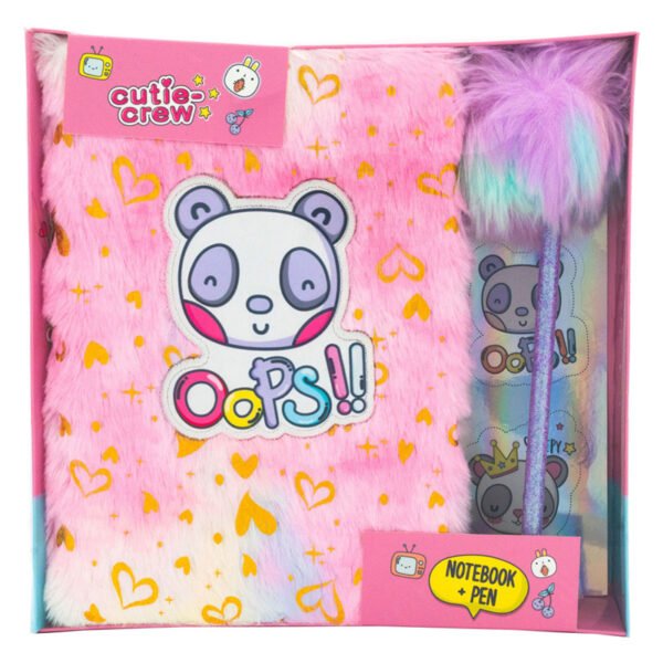 Pluche Cutie Crew notitieboek met panda ontwerp en kleurrijke fluffy pen in cadeauverpakking Cutie Crew Notitieboek met Pompom Pen
