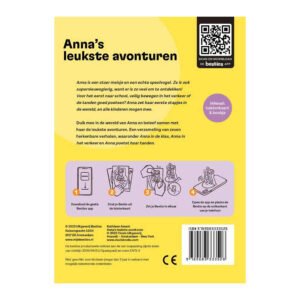 Achterkant van het kinderluisterboek 'Anna's leukste avonturen' met uitleg over de Besties app en gebruiksinstructies.