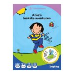 Voorkant van het luisterboek 'Anna's leukste avonturen' met illustratie van Anna en icoontjes voor audio en leeftijd. Anna's Leukste Avonturen Luisterkaart