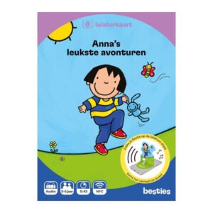 Voorkant van het luisterboek 'Anna's leukste avonturen' met illustratie van Anna en icoontjes voor audio en leeftijd. Anna's Leukste Avonturen Luisterkaart