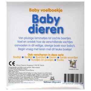 Achterkant van het baby voelboekje 'Baby dieren' met beschrijving en uitgeversinformatie.