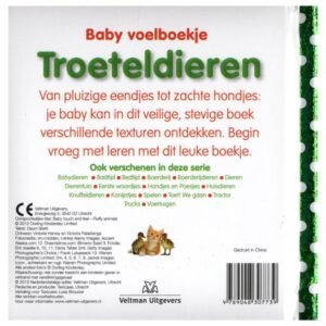Achterkant baby voelboekje Troeteldieren met beschrijving en titels uit de serie
