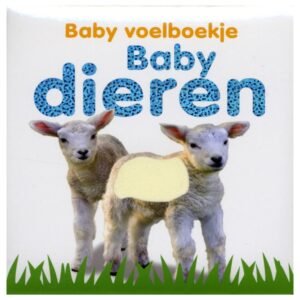 Voorkant van het baby voelboekje 'Baby dieren' met twee lammetjes en een voelvlak. Baby's Voelboekje Babydieren