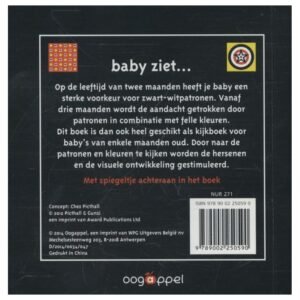 Achterkant van het babyboek 'Baby ziet...' met uitleg over visuele stimulatie en zwart-witpatronen.