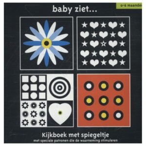 Voorkant van het kijkboek 'Baby ziet...' met contrastrijke patronen voor baby’s van 0-6 maanden. Kijkboek met Spiegeltje
