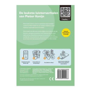 Achterkant van luisterkaart met Pieter Konijn, instructies en QR-code voor de Besties app