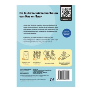 Achterkant luisterkaart 'De leukste luisterverhalen van Kas en Saar' met instructies en QR-code voor de Besties app.