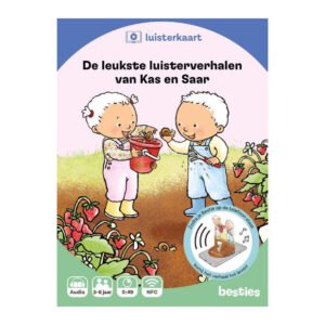 Voorkant luisterkaart 'De leukste luisterverhalen van Kas en Saar' met illustratie van Kas en Saar in de tuin. De Leukste Luisterverhalen van Kas en Saar Luisterkaart