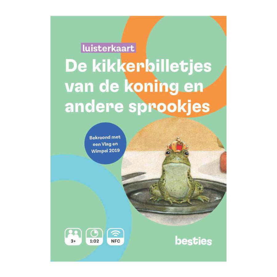 Voorkant luisterkaart 'De kikkerbilletjes van de koning en andere sprookjes' met illustratie van kikker met kroon De Kikkerbilletjes van de Koning en Andere Sprookjes Luisterkaart