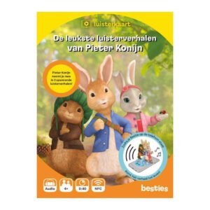 Voorkant van luisterkaart met Pieter Konijn en vrienden, inclusief NFC-symbool en luisterinfo De Leukste Luisterverhalen van Pieter Konijn Luisterkaart