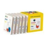 Set van Nijntje uitdeelboekjes "nijntjes vrolijke dag" en "als ik groot ben" naast gele bewaardoos Nijntje Uitdeelboekjes, 10st.