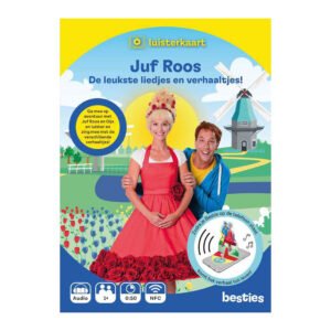 Voorkant luisterkaart Juf Roos met Gijs, kleurrijke molen en speelse illustraties Juf Roos De leukste liedjes en verhaaltjes Luisterkaart