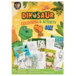 Voorkant van een kleurrijk dinosaurussen kleur- en activiteitenboek voor kinderen Kleur- en Activiteitenboek Dino