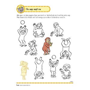 Pagina met apen en kinderen voor observatie-oefening waarbij houdingen worden vergeleken.