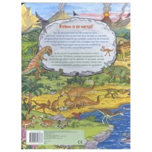 Kindvriendelijke illustratie van dinosaurussen en een vulkaanlandschap op de achterkant van een educatief kinderboek