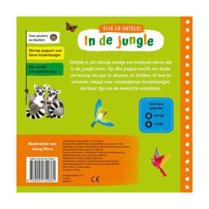 Achterkant van kinderboek 'Kijk en ontdek! In de jungle' met kleurrijke dieren en uitleg voor peuters.