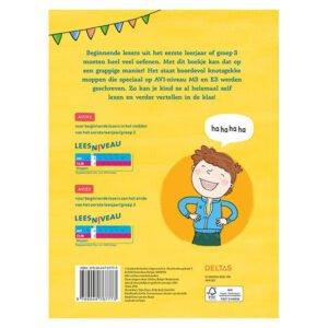 Achterkant van het boek 'Ik lees een mop!' met uitleg over AVI-niveau voor beginnende lezers