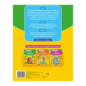 Achterkant oefenboek met informatie over leer-, plak- en telspelletjes voor kleuters