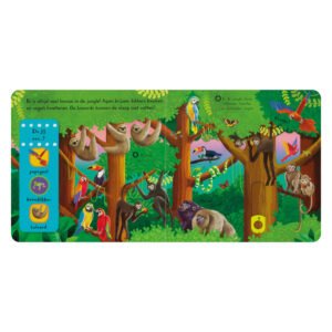 Binnenkant van jungle kinderboek met luiaards, papegaaien en apen in een kleurrijk oerwoud.