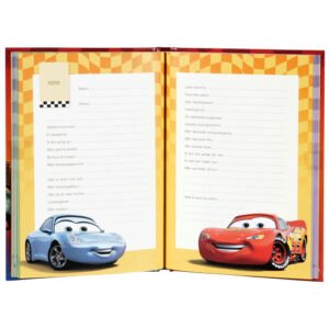 Open vriendenboek van Cars met invulvragen en Disney-autofiguren