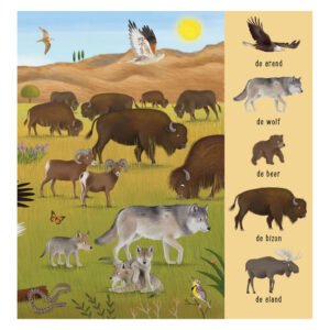 Illustratie van bizons, wolven en adelaars in een steppe-landschap