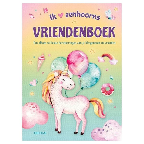 Vrolijk eenhoorn vriendenboek met pastelkleuren en ballonnen voor kinderen Vriendenboek Eenhoorn