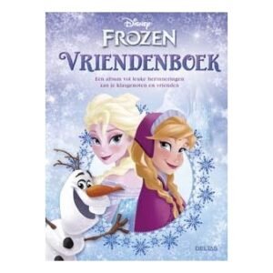 Voorkant van het Disney Frozen vriendenboek met Elsa, Anna en Olaf in sneeuwthema Frozen vriendenboek