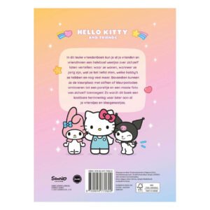 Achterkant van het Hello Kitty vriendenboek met beschrijving en kleurrijke illustraties van Hello Kitty, My Melody en Kuromi.