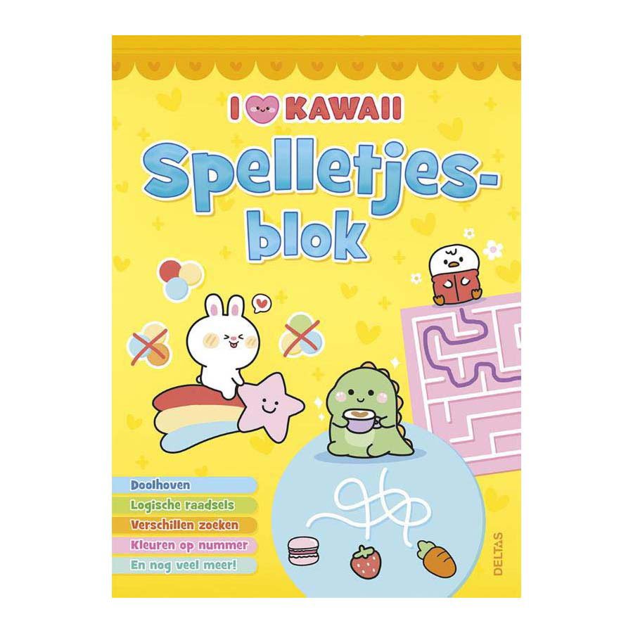 Voorkant van het I Love Kawaii spelletjesblok met kleurrijke illustraties en speelse opdrachten I love Kawaii Spelletjesblok