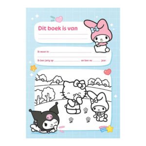 Invulpagina uit het Hello Kitty vriendenboek met ruimte voor persoonlijke gegevens en kleurplaat van de personages.