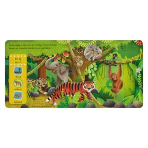 Interactieve pagina van jungleboek met tijger, olifant, slang en apen tussen tropische planten.