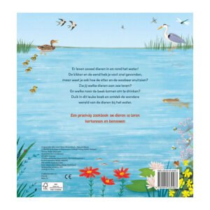 Achterkant van kinderboek met illustraties van watervogels, vissen en bloemen bij een vijver