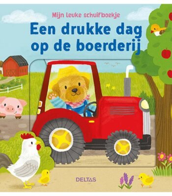 Kinderboek cover met boerderijdieren en hond op rode tractor - Een drukke dag op de boerderij Mijn leuke schuifboekje - Een drukke dag op de boerderij