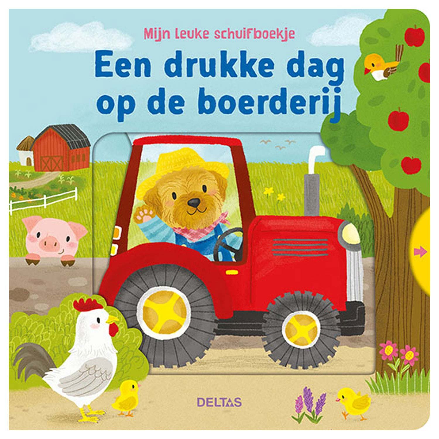 deltas-kinderboek-een-drukke-dag-op-de-boerderij-cover Kinderboek cover met boerderijdieren en hond op rode tractor - Een drukke dag op de boerderij Mijn leuke schuifboekje - Een drukke dag op de boerderij