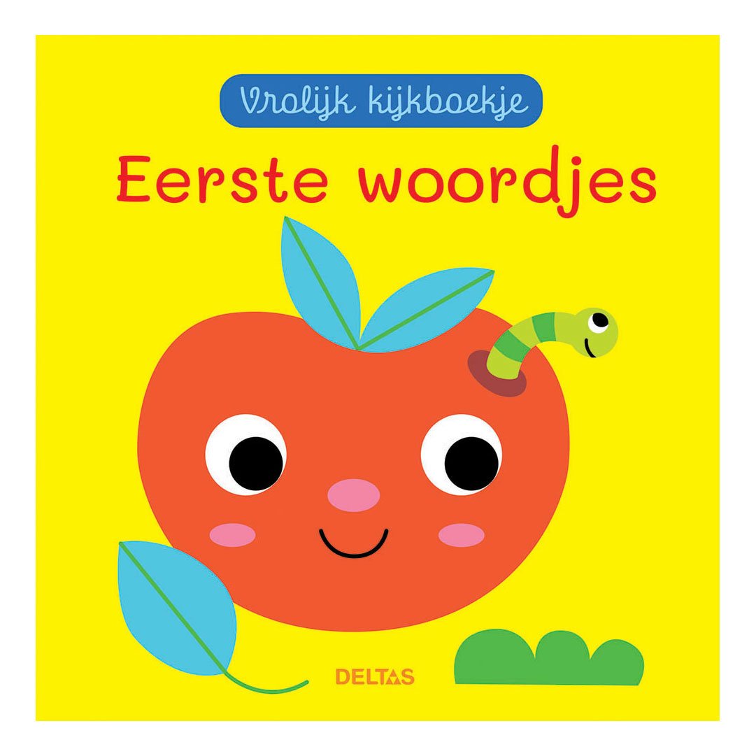 deltas-kinderboek-eerste-woordjes-appel-cover Vrolijk kinderboekje met appel en worm op de cover, titel 'Eerste woordjes' Vrolijk kijkboekje Eerste woordjes