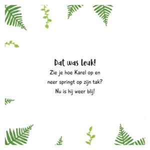 Bladzijde uit kinderboek met vrolijke boodschap dat kaketoe Karel weer blij is