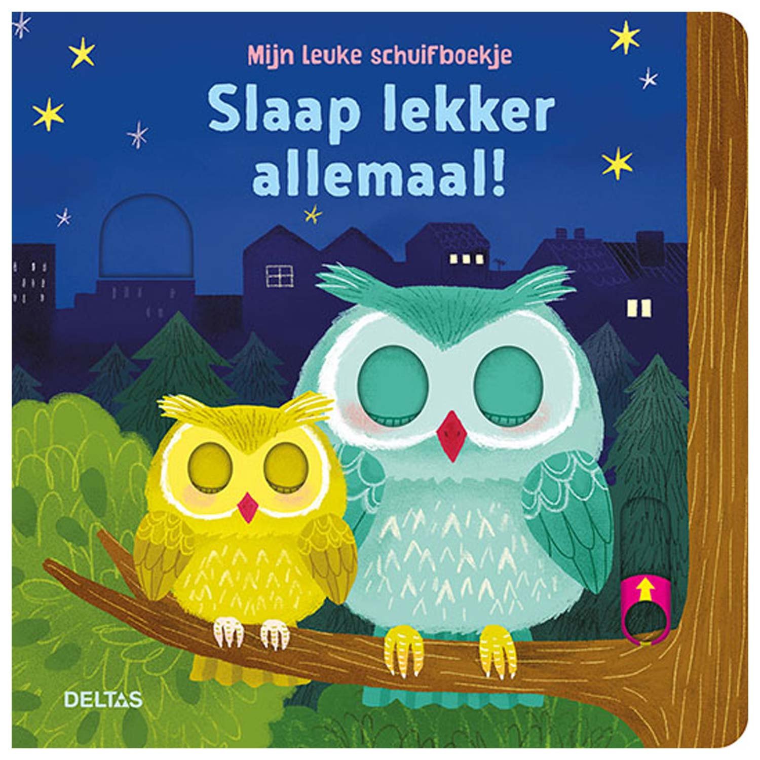 deltas-kinderboek-slaap-lekker-allemaal-slapende-uiltjes Kinderboek cover met twee slapende uiltjes op een tak onder een sterrenhemel Mijn leuke schuifboekje - Slaap lekker allemaal!