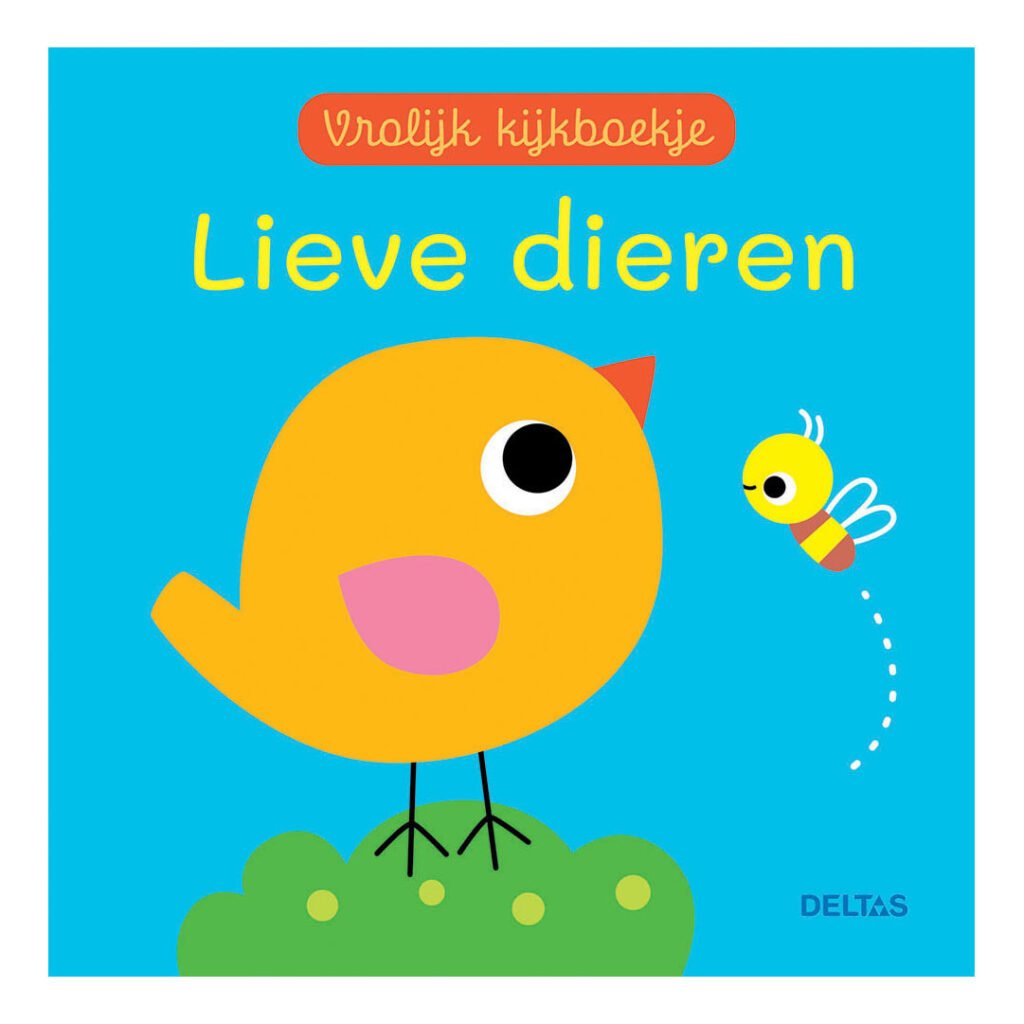 Vrolijk kinderboekje met illustratie van een geel vogeltje en een bij op blauwe achtergrond Vrolijk kijkboekje Lieve dieren