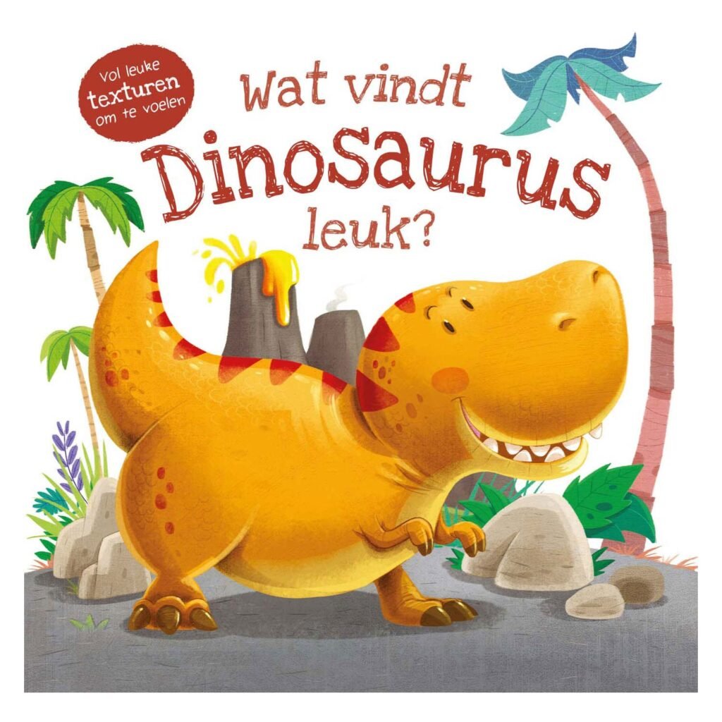 Vrolijke dinosaurus op kinderboekcover met vulkanen en tropische planten Voelboek - Wat vindt Dinosaurus leuk?
