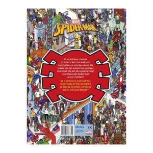 Achterkant van Marvel zoekboek met Spider-Man en superhelden in drukke stadsscène vol details.