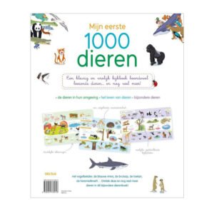 Achterkant van kinderboek Mijn eerste 1000 dieren met kleurrijke illustraties en dierencategorieën