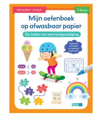 Omslag van educatief oefenboek voor tafels van vermenigvuldiging op afwasbaar papier voor kinderen van 7-8 jaar Oefenboek Afwasbaar Papier Tafels van Vermenigvuldiging (7-8 j.)