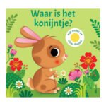 Omslag van peuterboekje met konijntje en bloemen om onder flapjes te kijken Waar Is het Konijntje? Flapjesboek