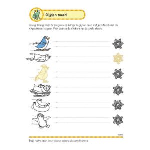 Penguin schrijfoefening voor rechte lijnen met sneeuwvlokken stickers
