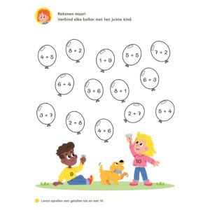 Rekenoefening met ballonnen waarbij kinderen optelsommen tot 10 moeten verbinden met het juiste kind