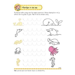 Schrijfoefening voor kinderen met zee dieren om golvende lijnen te leren tekenen