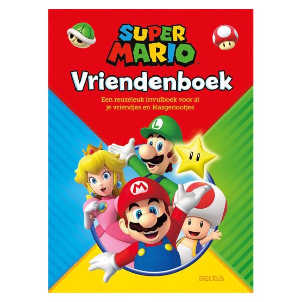 Voorkant van Super Mario vriendenboek met Mario, Luigi, Peach, Toad en ster op rode en groene achtergrond Super Mario vriendenboek